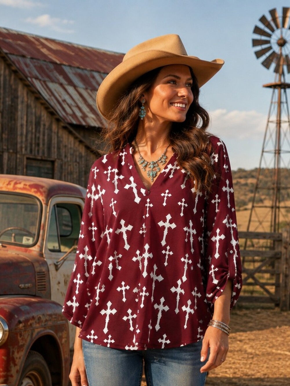 Cowgirl Hardware Burgundy Cross Print Tunic Top 1X Western Christian Boho